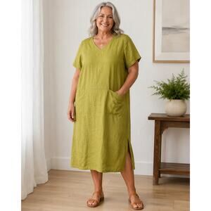 Bridgewater Studio Size 16 Linen Maxi Shift Dress Green V Neck Short Sleeves